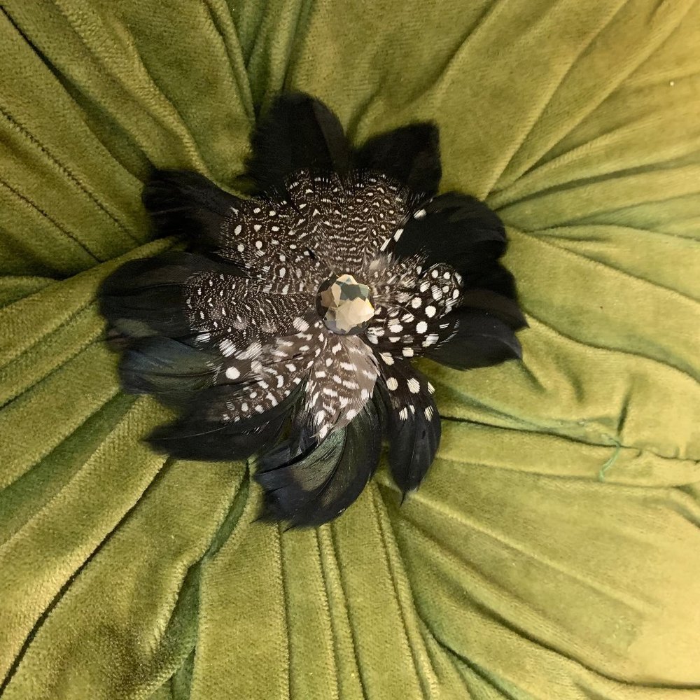 Vintage black and white feather pin Brooch accessory present gift real feathers